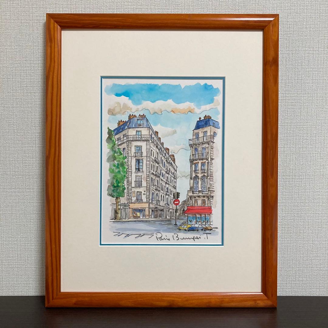 【真作保証】高橋文平「Paris」水彩原画 真筆 直筆サイン 額装品 絵画