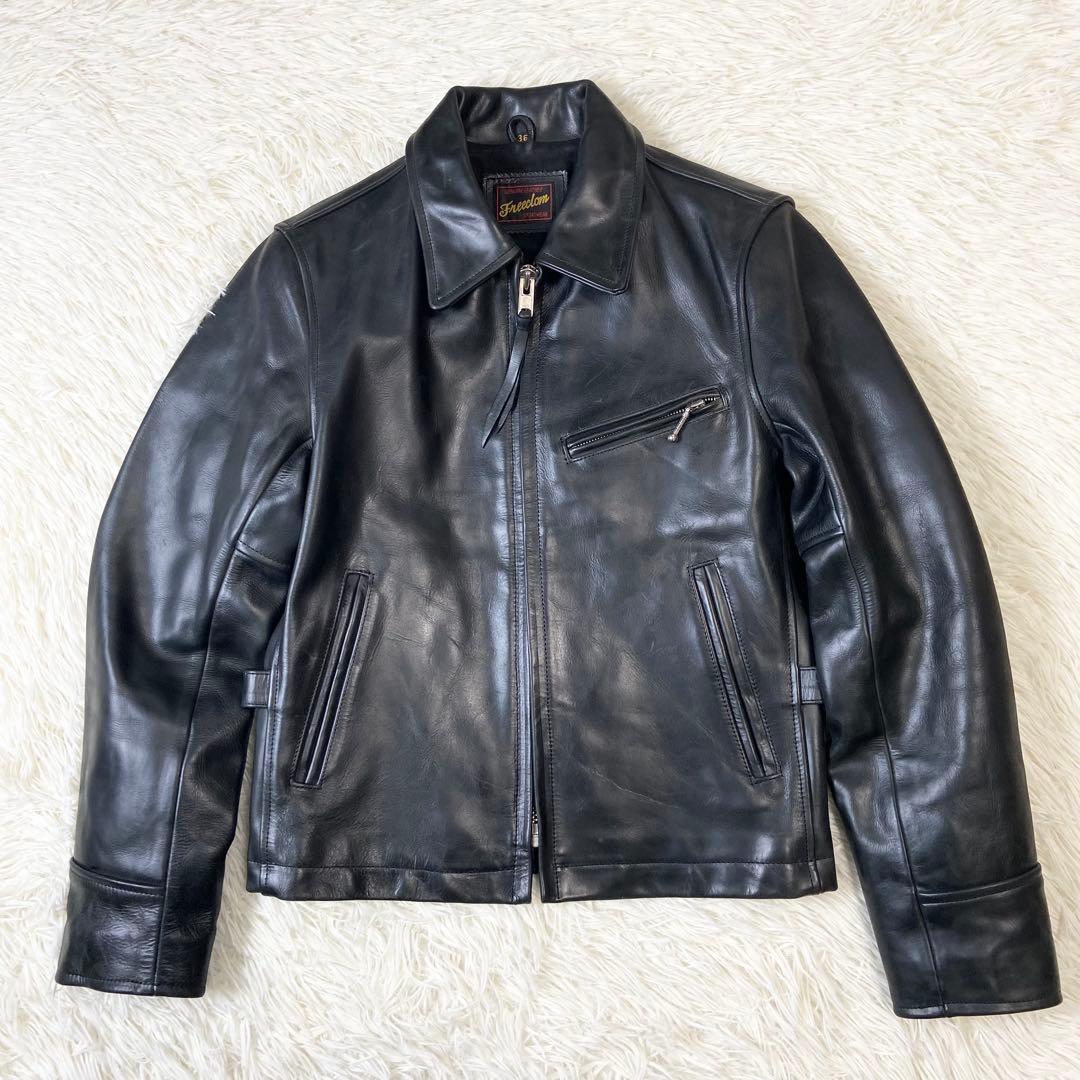 【本革】フリーダム 牛革 レザー シングルライダースジャケット ブラック 36