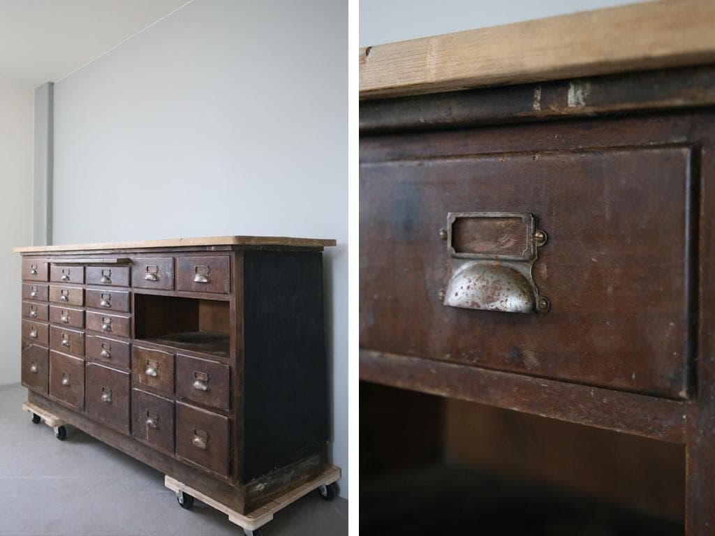 英国アンティーク21杯ドロワー付ショップカウンター/木製机テーブル(83-155