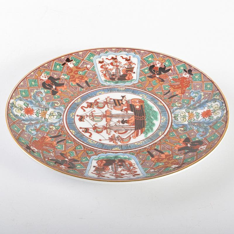 伊万里焼　古伊万里　錦手　南蛮人黒船文　飾皿　在銘　N　R6747