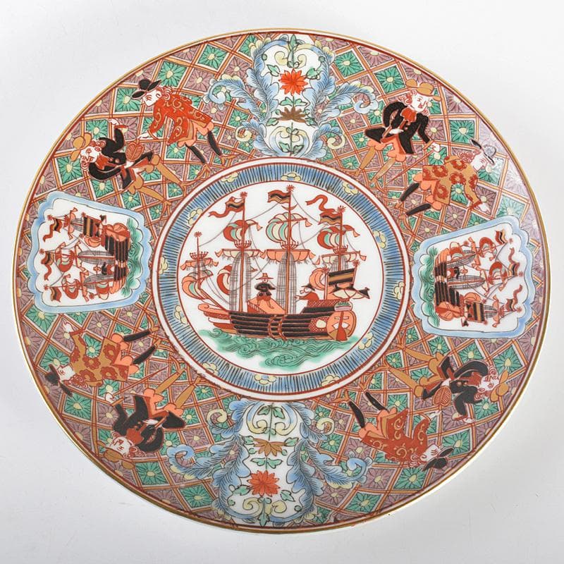 伊万里焼　古伊万里　錦手　南蛮人黒船文　飾皿　在銘　N　R6747