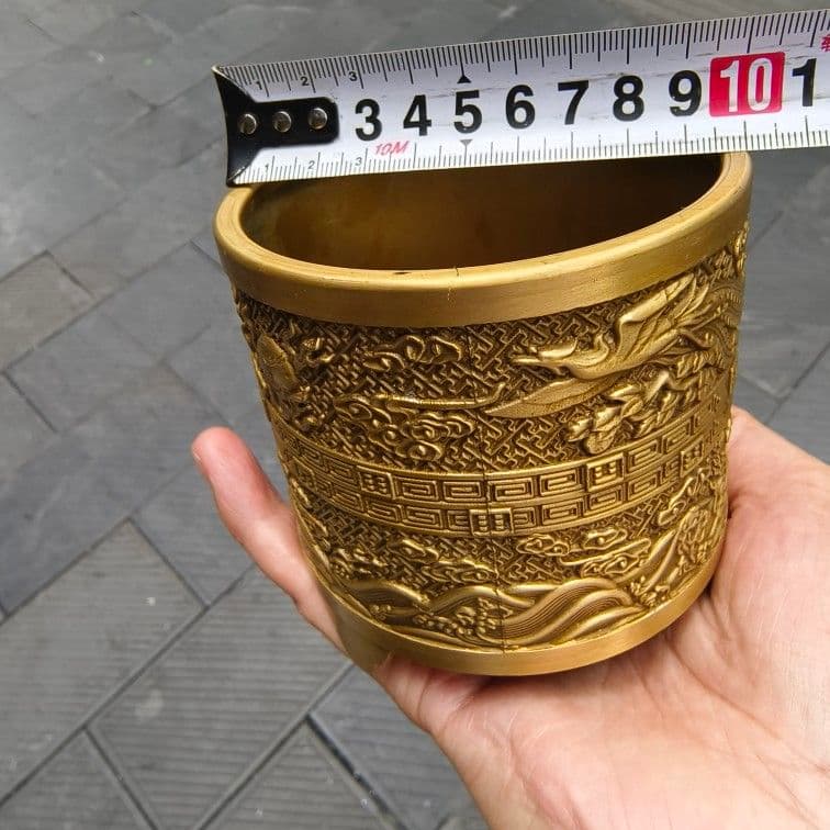銅 細工 レリーフ三足龍鳳筆筒 筆置 筆棚 書道具 文房具工芸品美術品 置物