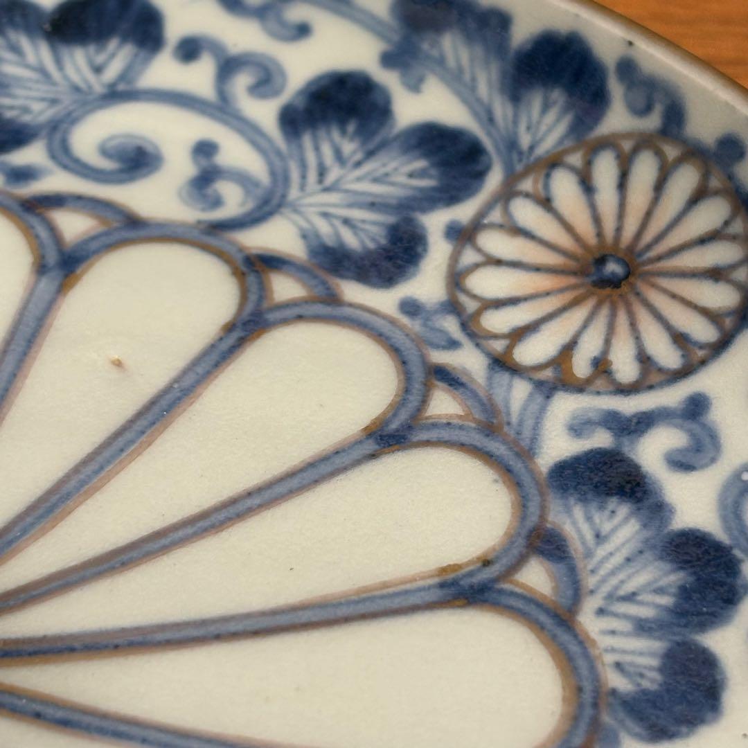 江戸時代 古伊万里染付 唐草菊図金彩皿