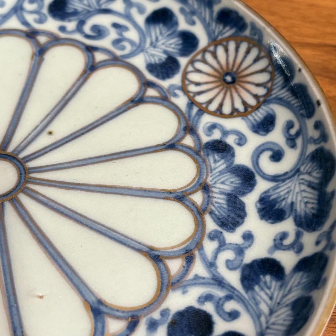 江戸時代 古伊万里染付 唐草菊図金彩皿