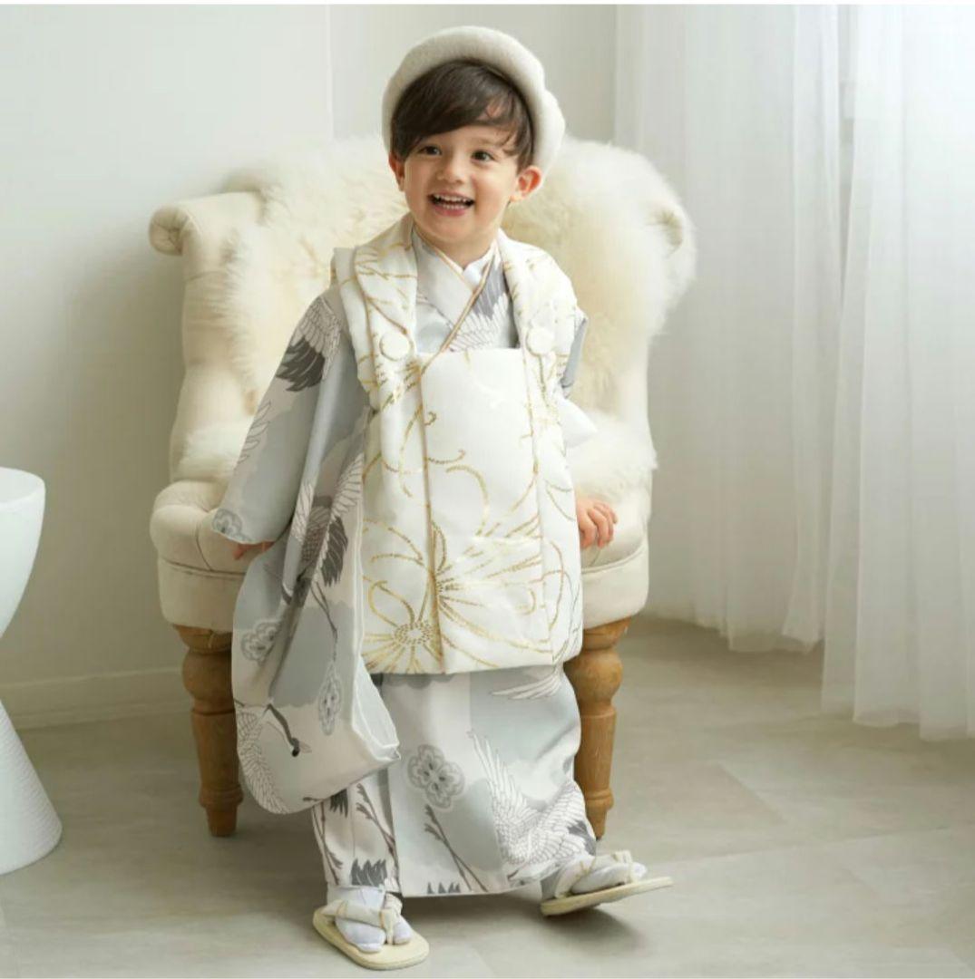 ひよこ商店 七五三 3歳 男の子 ベレー帽被布セット クリーム金彩×ミント吉祥鶴