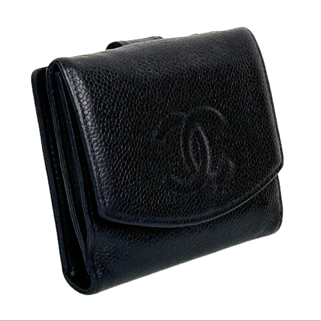 美品　CHANEL キャビアスキン ココマーク Wホック 二つ折り財布 ブラック