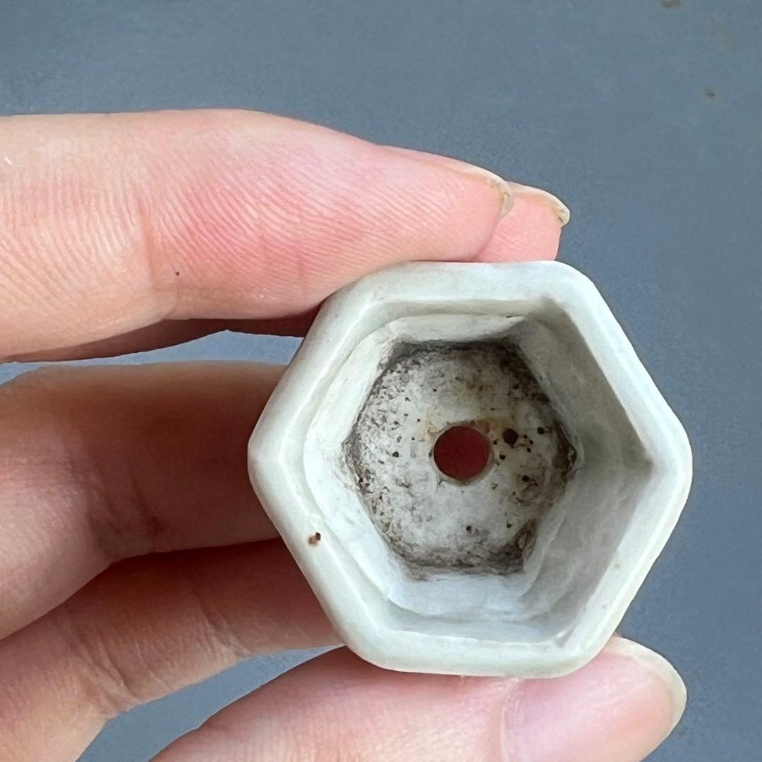 773.夢陶 青釉額入六角豆鉢 盆栽鉢 植木鉢 3*2.8*2.1cm