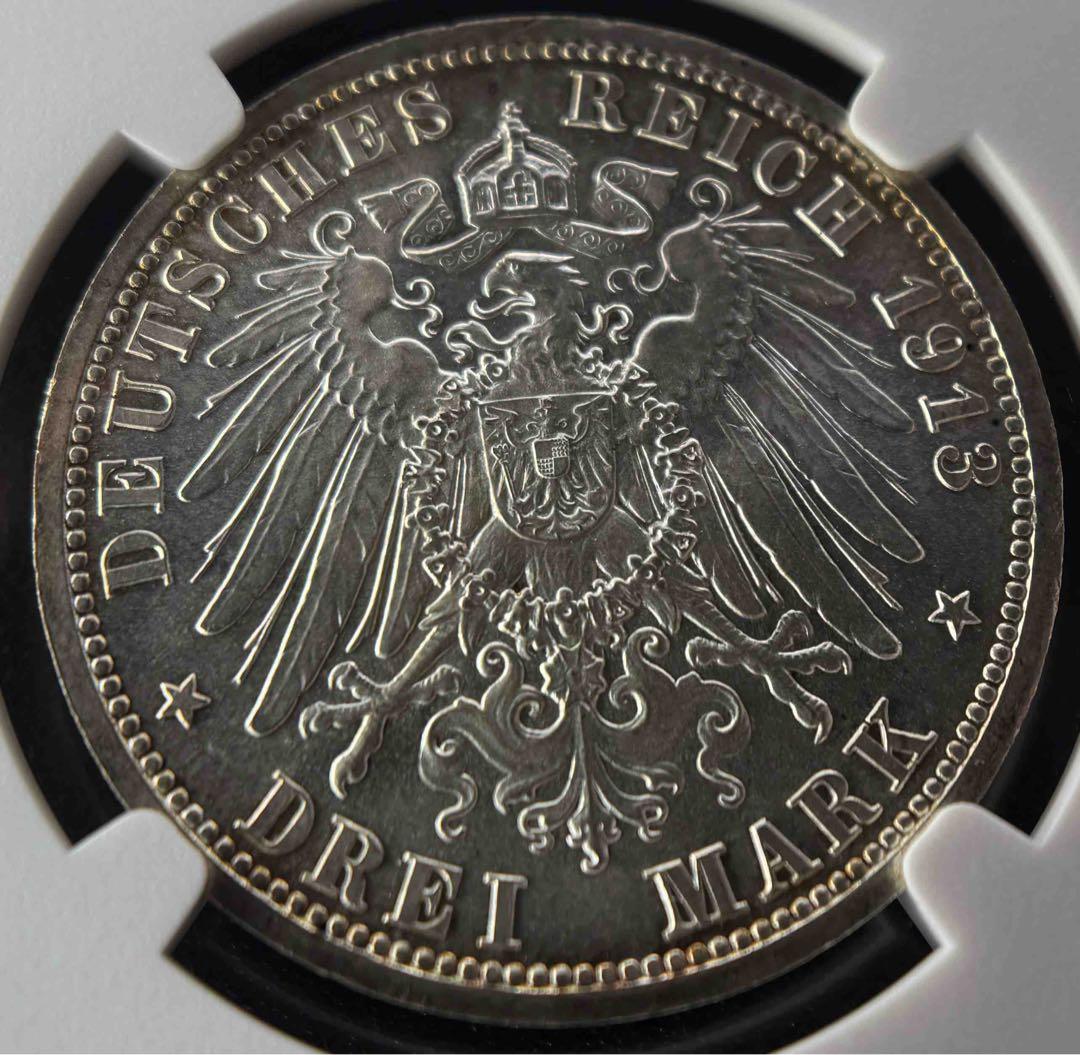 1913年 ドイツ帝国 プロイセン3マルク銀貨ウィルヘルム2世 NGC MS63