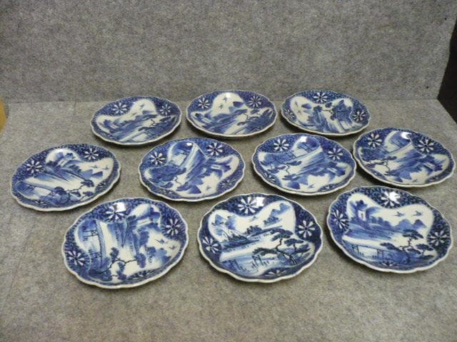 伊万里 風景図 染付 中皿 10枚 [B31452]