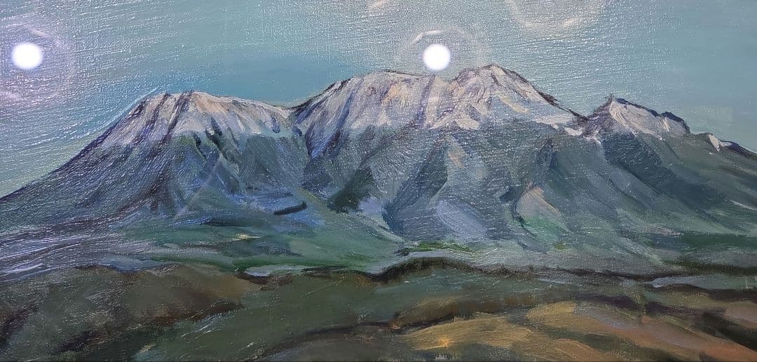 【美品】 肉筆油彩風景画 銀飾額縁フレームつき「御嶽山初雪の情景」10号サイズ