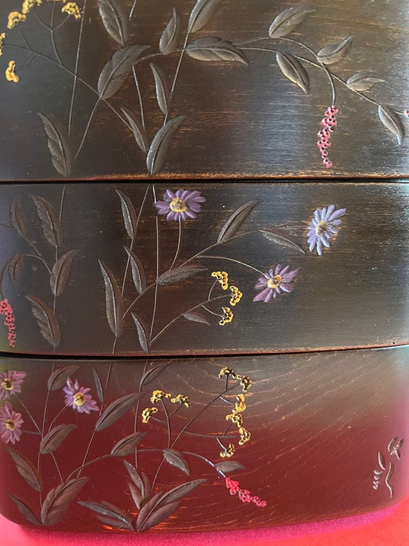 川添日記　重箱　草木彫　漆器