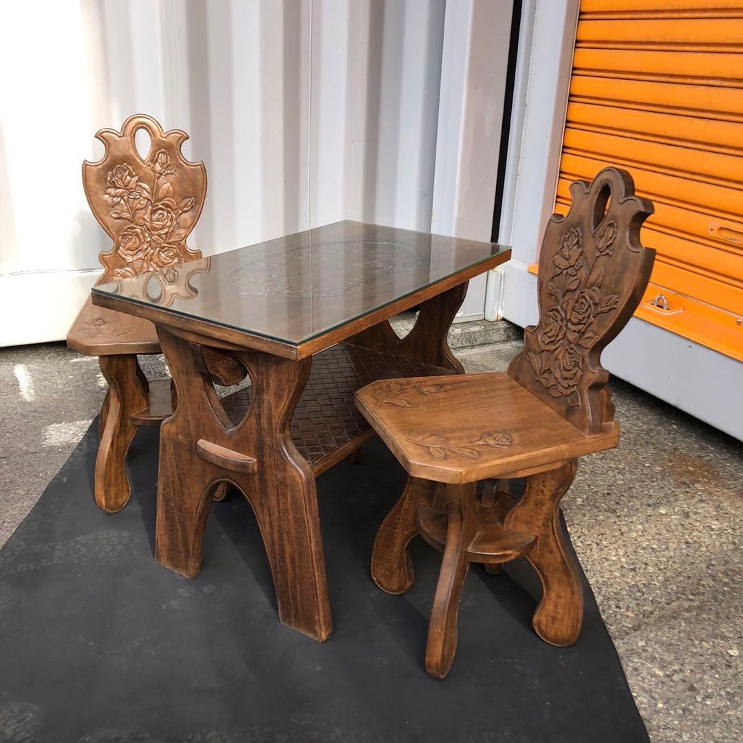 木製花彫刻ダイニングテーブルセット