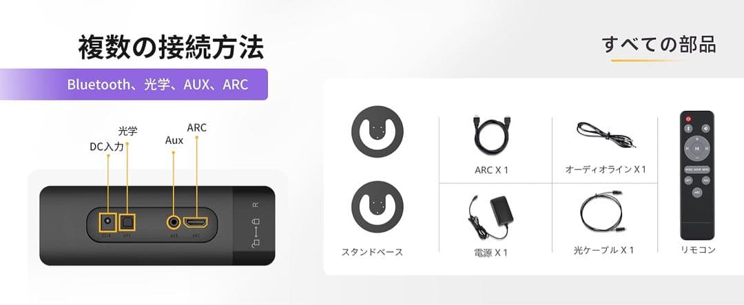 Bluetooth5.3 サウンドバー テレビ用 高音質 取り外し可能スピーカー