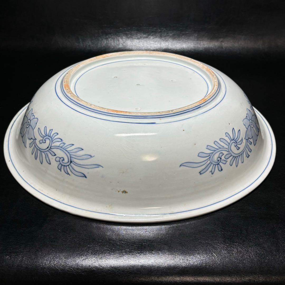 ★古伊万里・色絵 染付！亀甲に紅葉色絵 中央に山水 図柄 大鉢/大皿1点！★