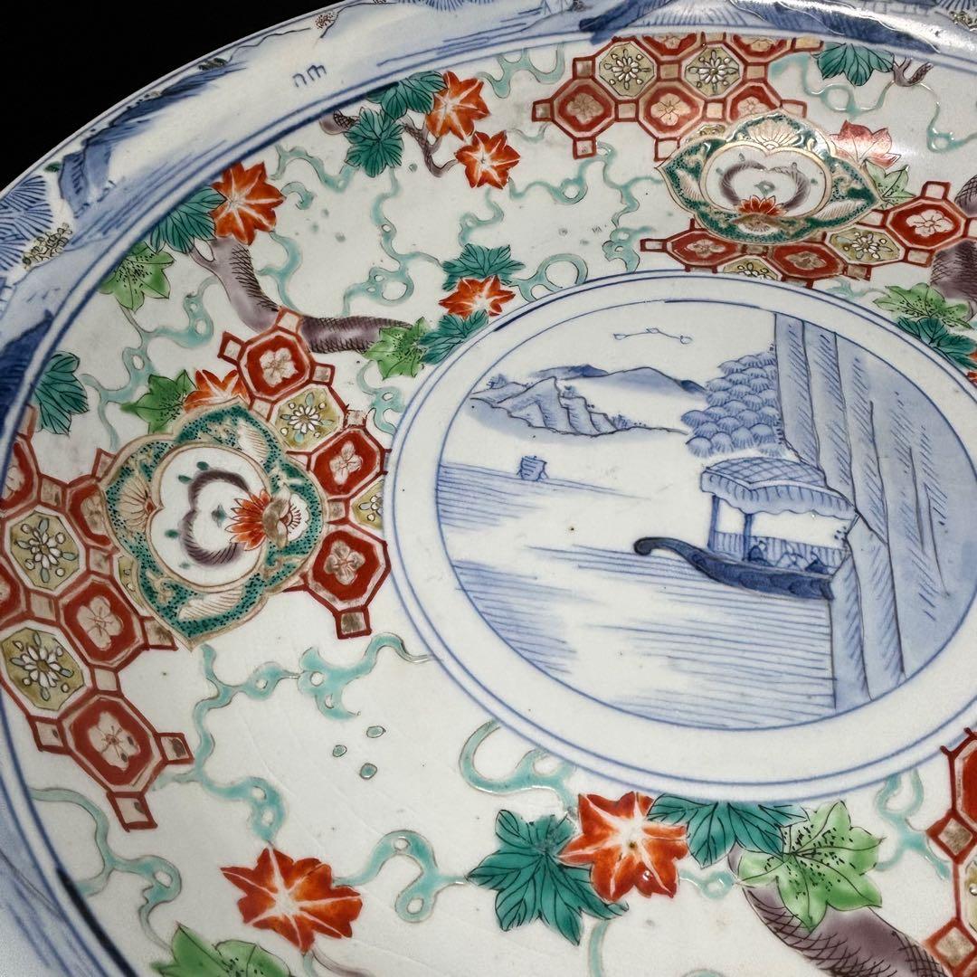 ★古伊万里・色絵 染付！亀甲に紅葉色絵 中央に山水 図柄 大鉢/大皿1点！★