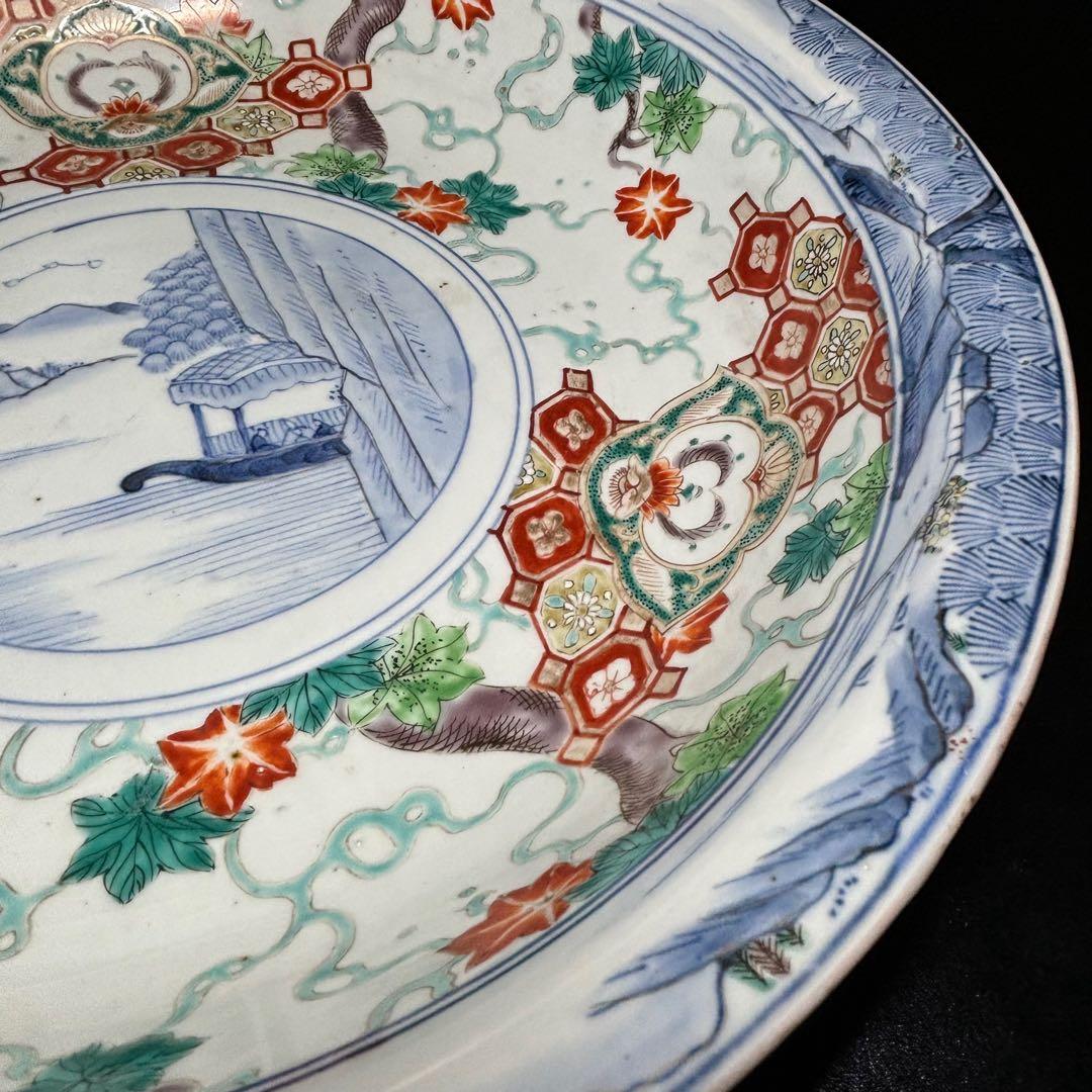 ★古伊万里・色絵 染付！亀甲に紅葉色絵 中央に山水 図柄 大鉢/大皿1点！★