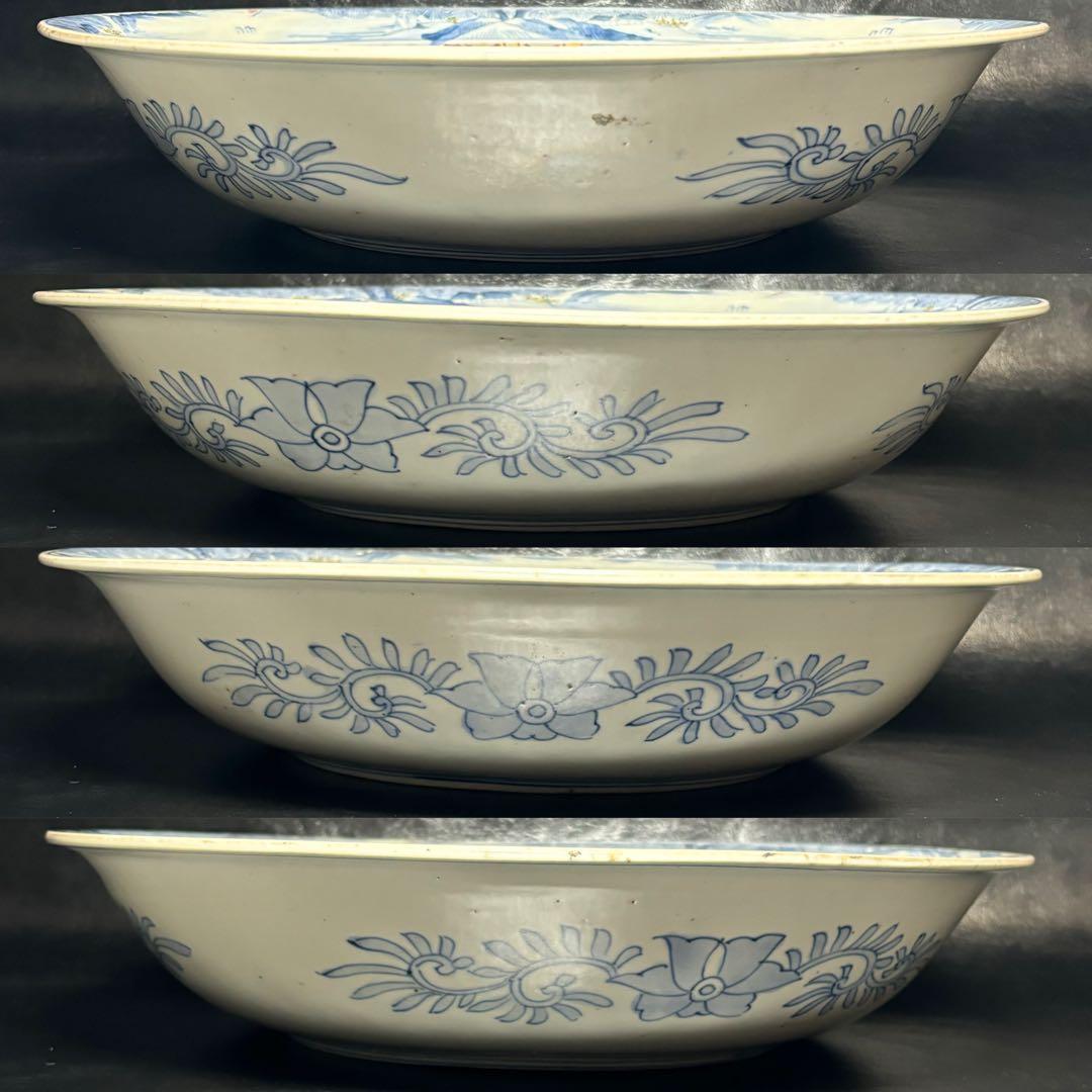 ★古伊万里・色絵 染付！亀甲に紅葉色絵 中央に山水 図柄 大鉢/大皿1点！★