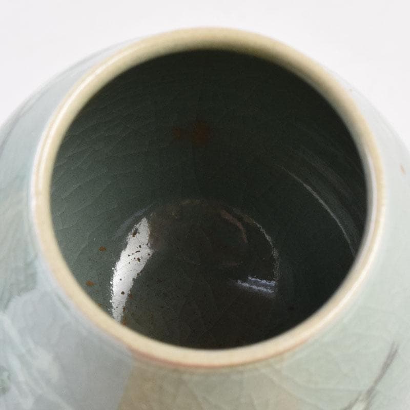 韓国人間文化財　柳海剛（柳根瀅）作　高麗青磁　象嵌鶴文　茶入　共箱　V　8407