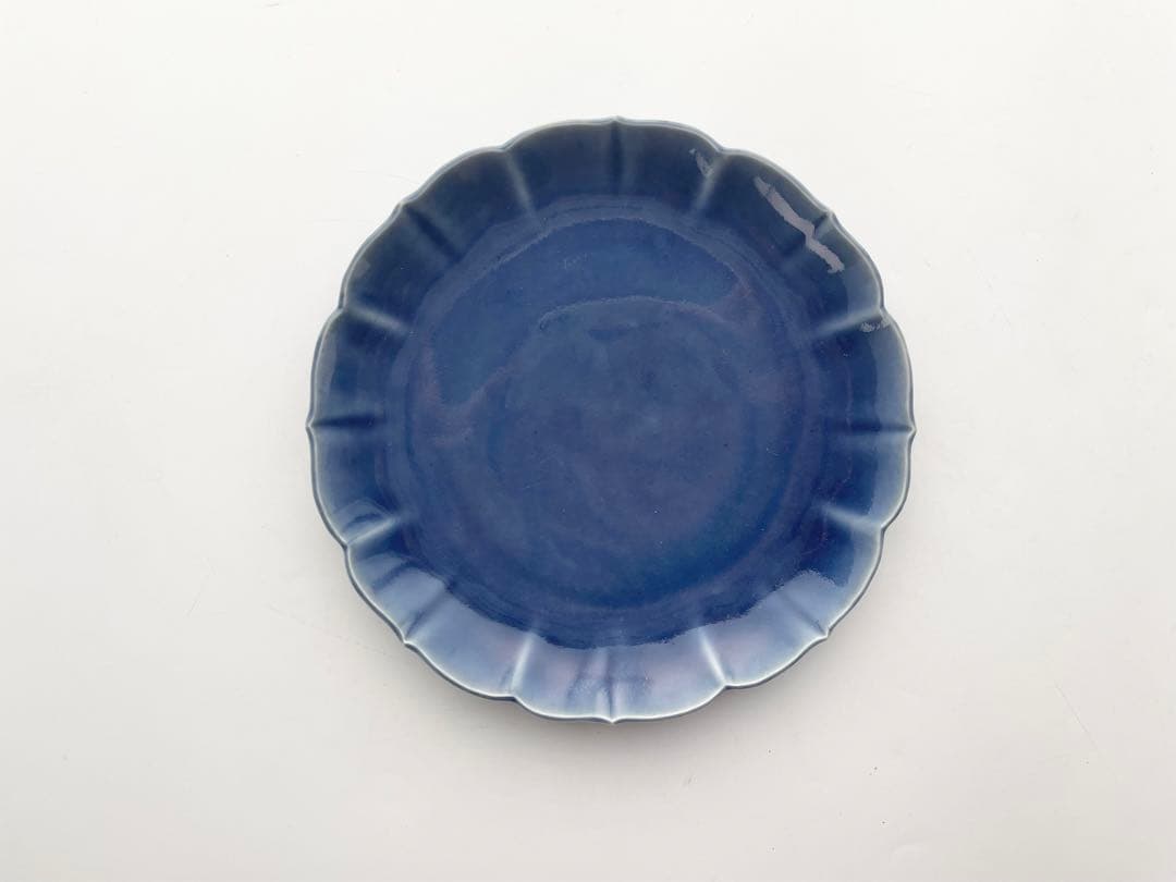 骨董　アンティーク　古伊万里　瑠璃　輪花皿　七寸皿　瑠璃釉　輪花縁