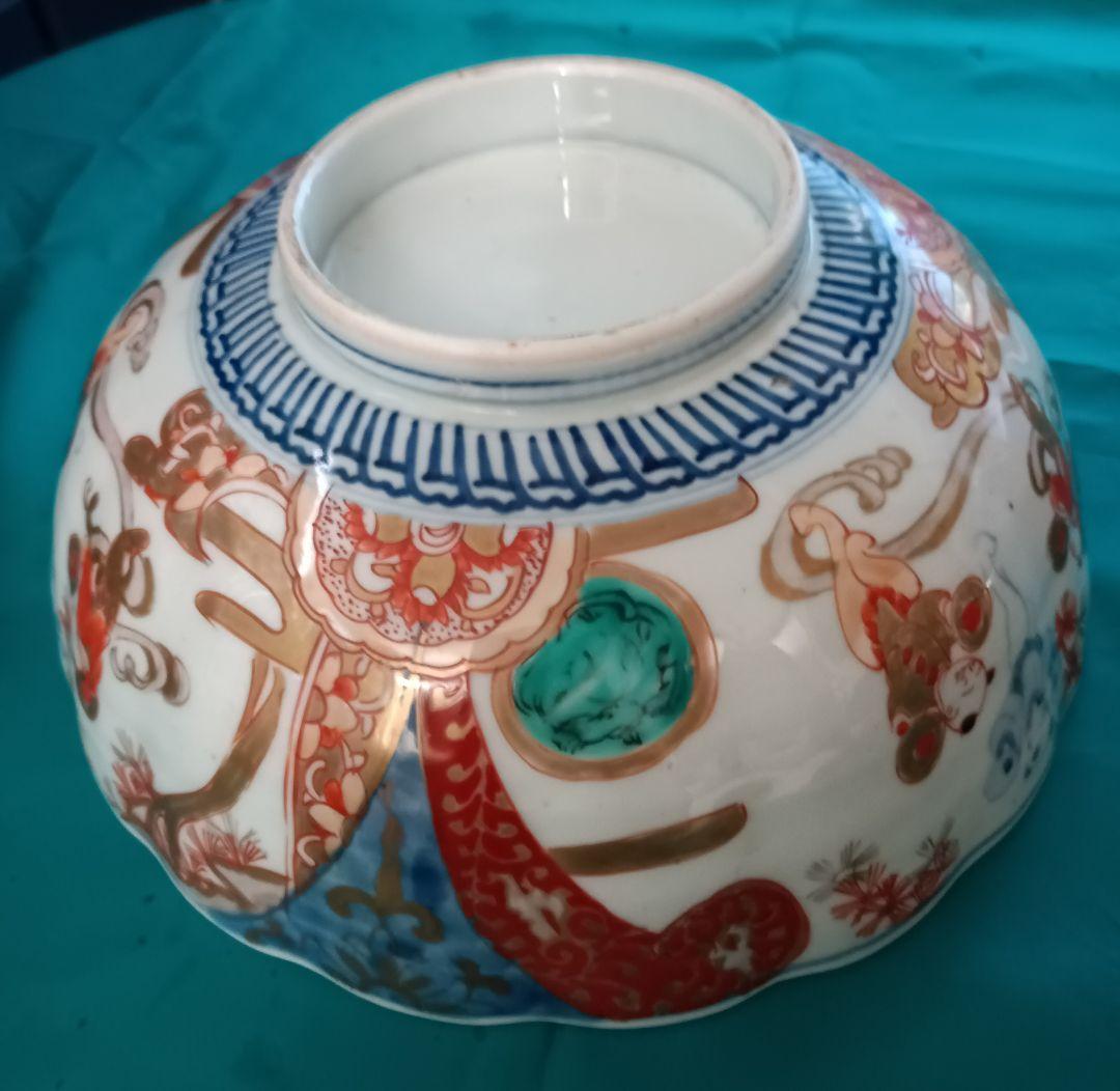 古伊万里　金彩染め付け　赤絵唐子人物絵　三つ鉢揃い　菓子鉢　美術品　江戸期