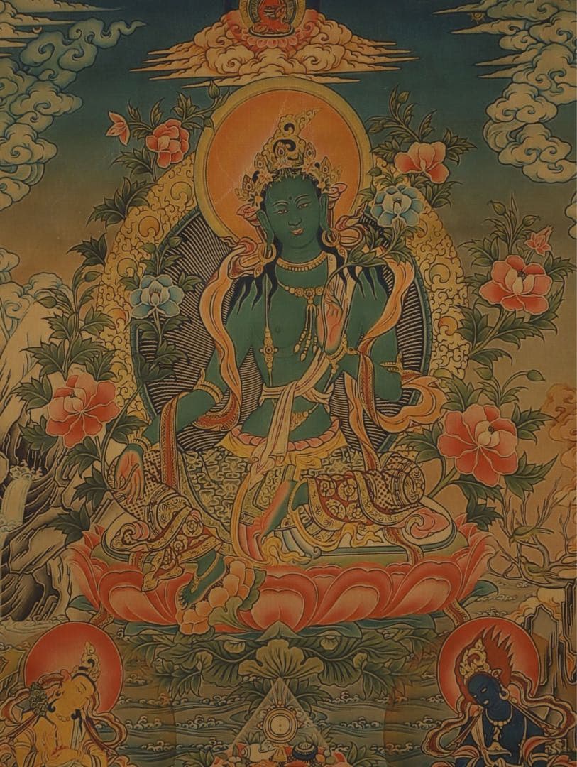 縁起物　タンカ グリーンタラ（緑度母） チベット仏教 時代物