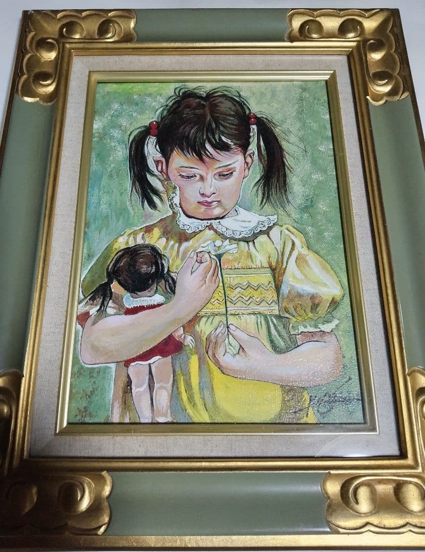 奥龍之介、絵画油彩、４号、幼なき少女、高級額縁、肉筆、東郷青児、高塚省吾。