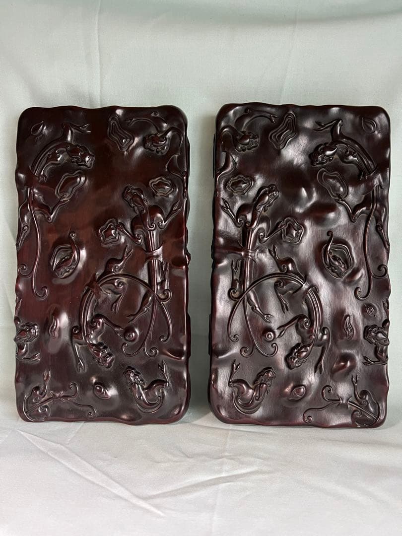 中国美術 ハイレリーフ 細密彫刻 紫檀 唐木 箱 香盒 文房品