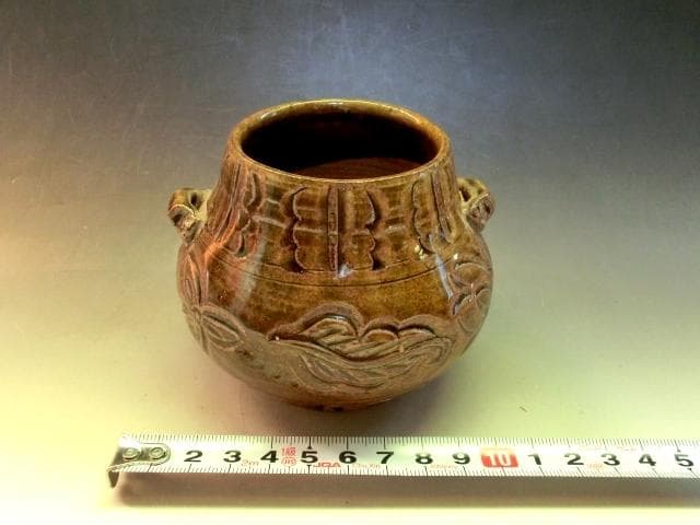 火入れ■飴釉耳付き瓶 古壺 壷 火器 唐草模様 置物 オブジェ 時代物 骨董品■