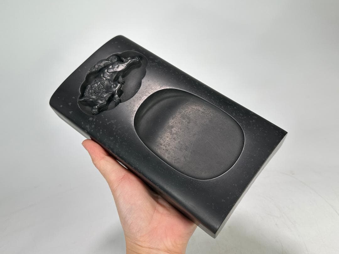 日本美術　書道具　文房具　雨硯　十一代　静軒作　唐木蓋付　雨端硯　共箱　和硯