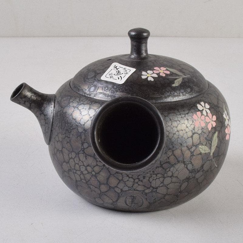 常滑焼　昭龍作　天目釉　福型小花文　急須　茶注　共箱　V　R9218