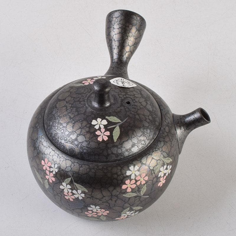 常滑焼　昭龍作　天目釉　福型小花文　急須　茶注　共箱　V　R9218