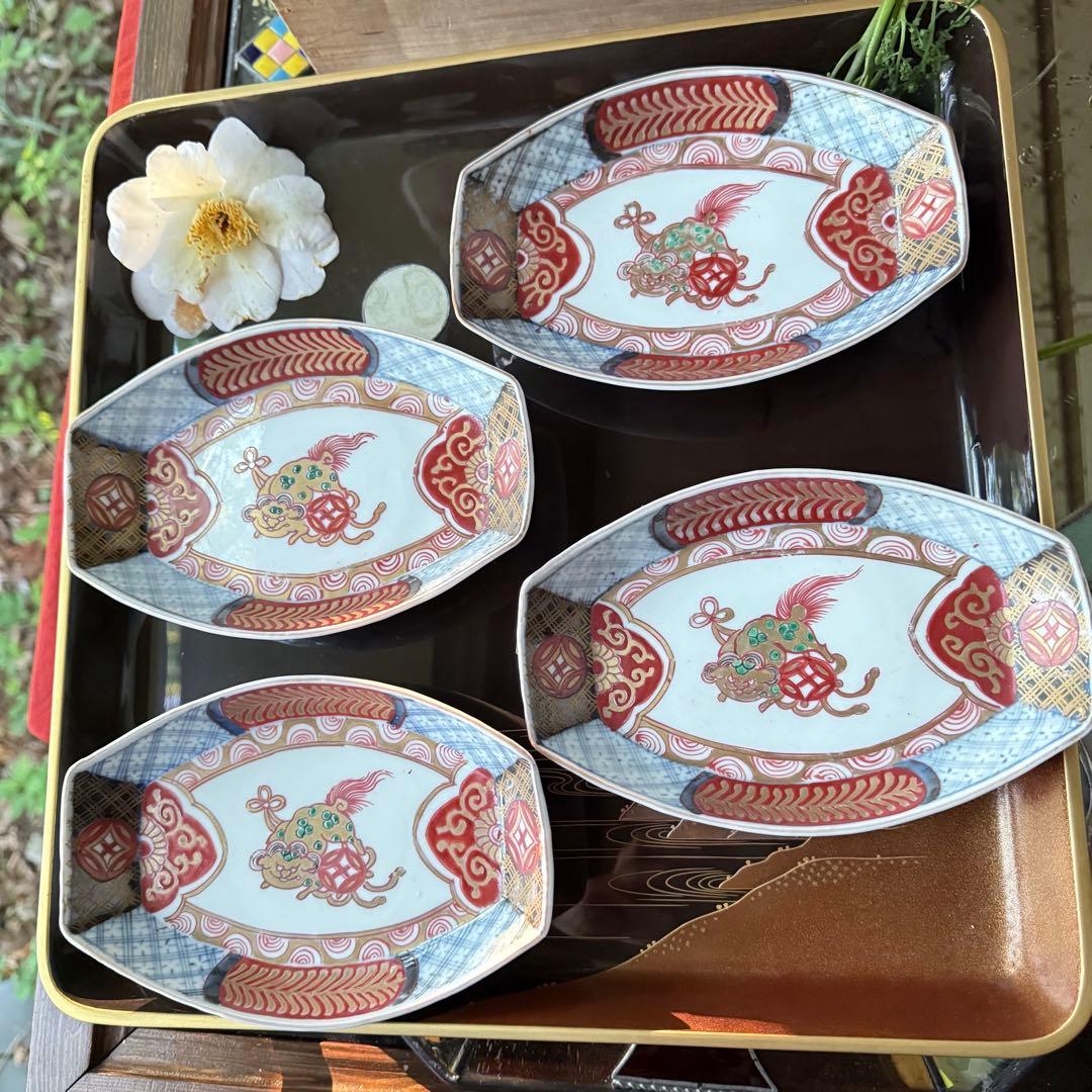 超限定15日20時迄‼️上手伊万里唐獅子牡丹富貴繁栄の舟形膾皿切支丹皿刺身皿 5客