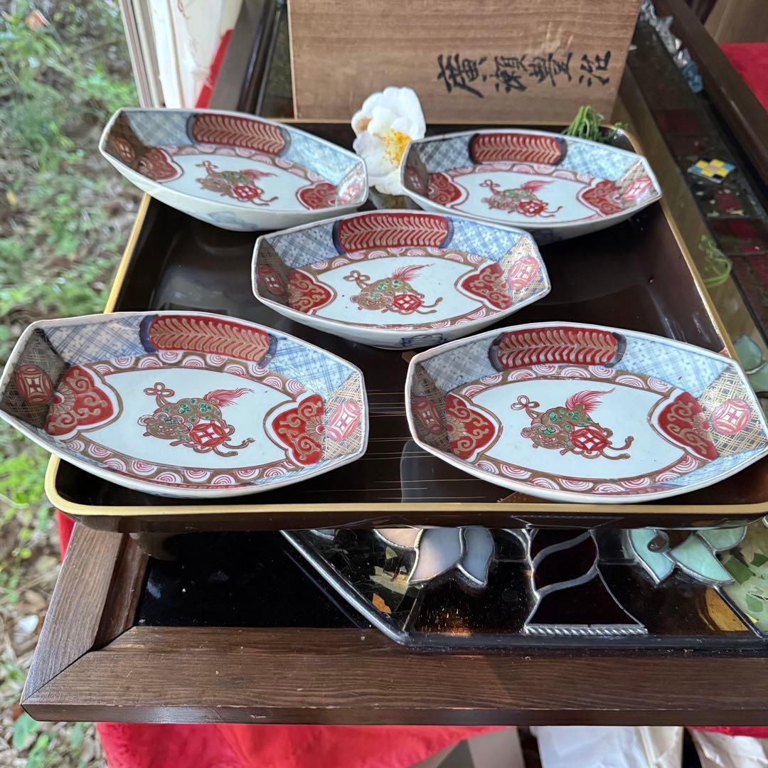 超限定15日20時迄‼️上手伊万里唐獅子牡丹富貴繁栄の舟形膾皿切支丹皿刺身皿 5客