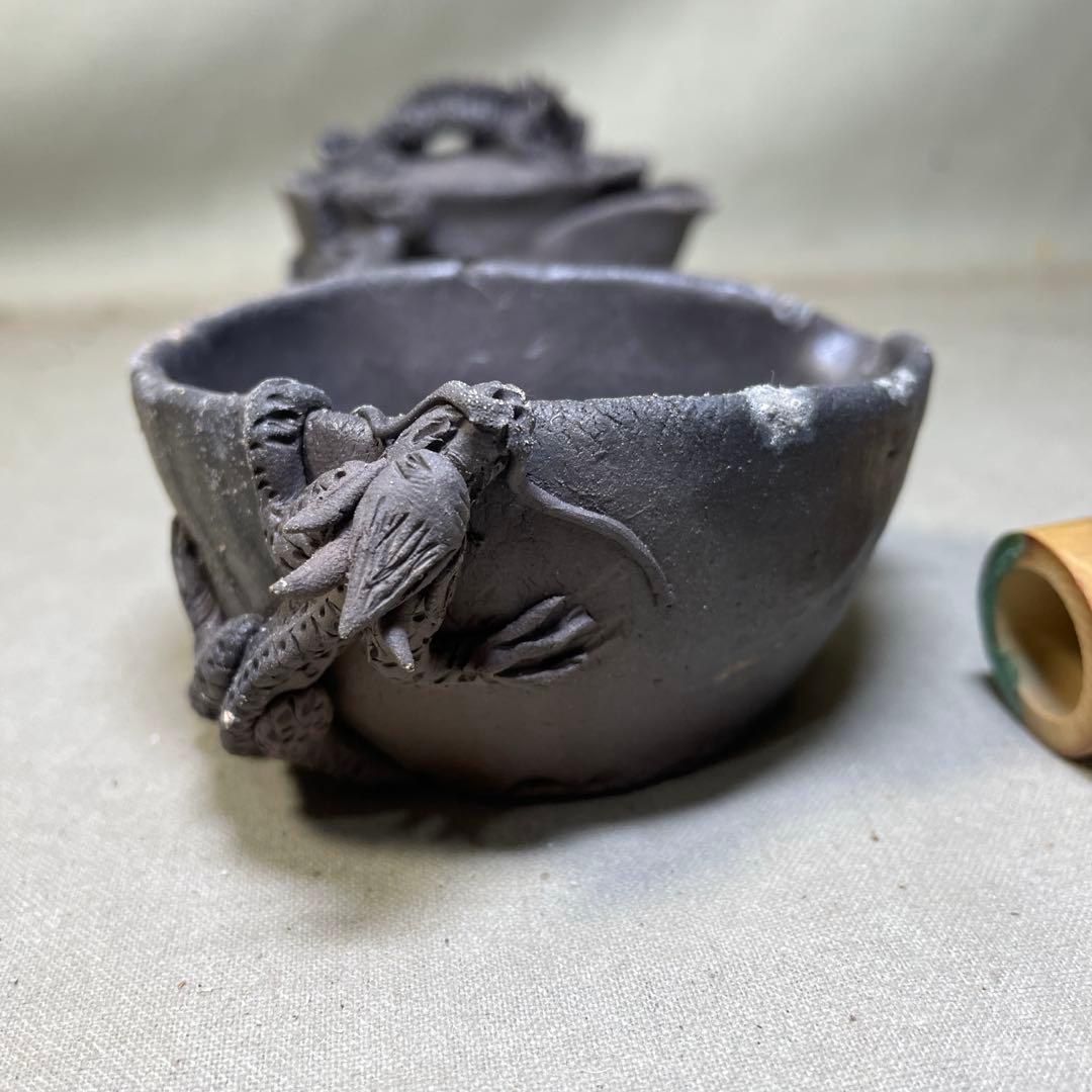 時代 備前双龍宝瓶湯冷炭化青備前 窯変 双竜　手造　煎茶道具　備前焼 急須茶器