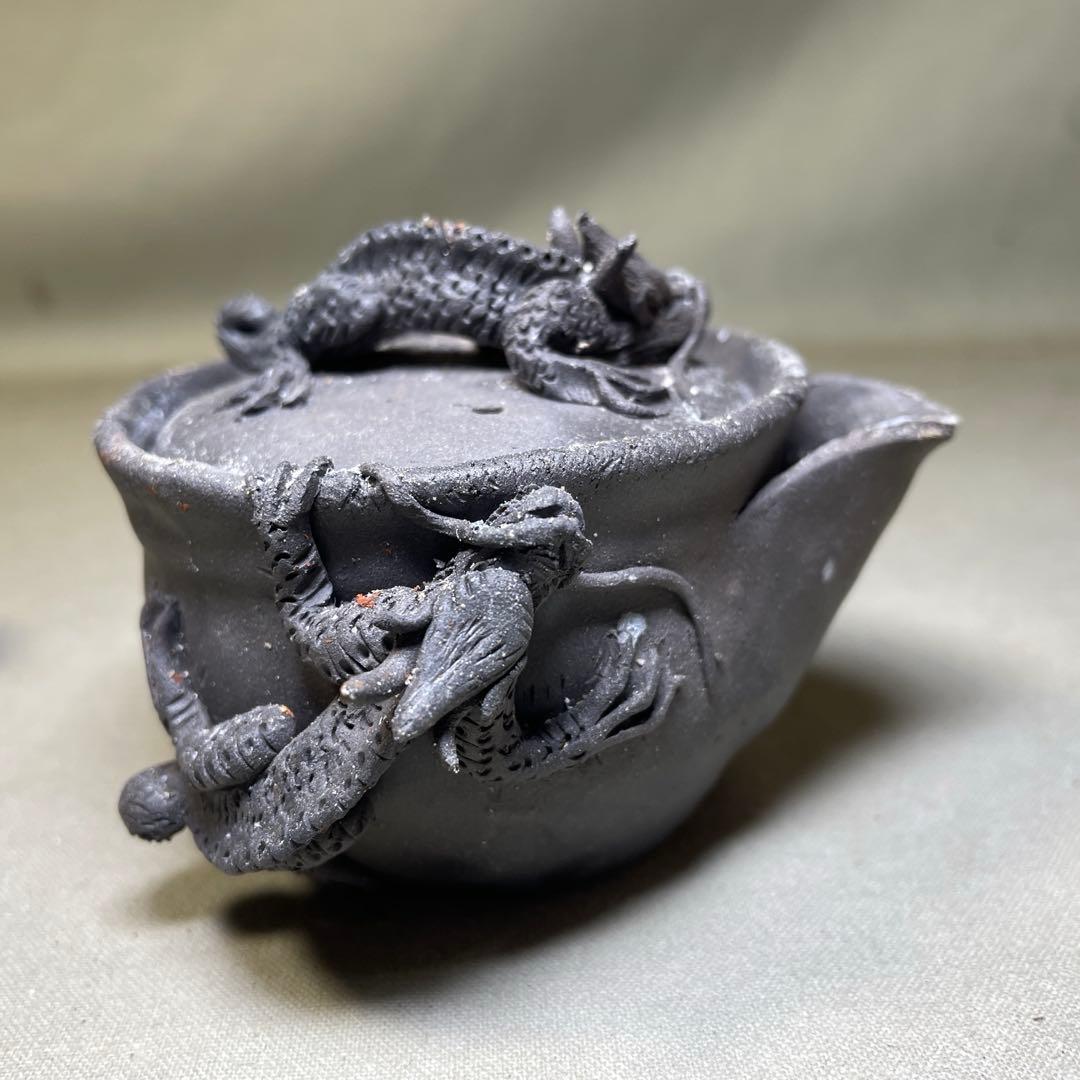 時代 備前双龍宝瓶湯冷炭化青備前 窯変 双竜　手造　煎茶道具　備前焼 急須茶器