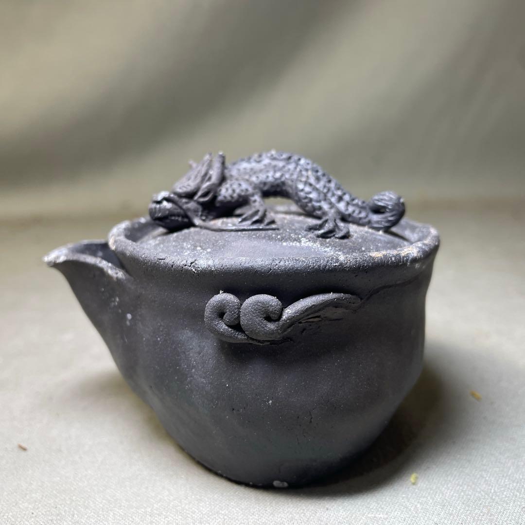 時代 備前双龍宝瓶湯冷炭化青備前 窯変 双竜　手造　煎茶道具　備前焼 急須茶器