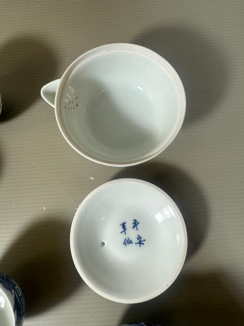 2334 平安草仙　染付青花　茶器セット　宝瓶1客　湯冷し1客　湯呑5客　鉢付き