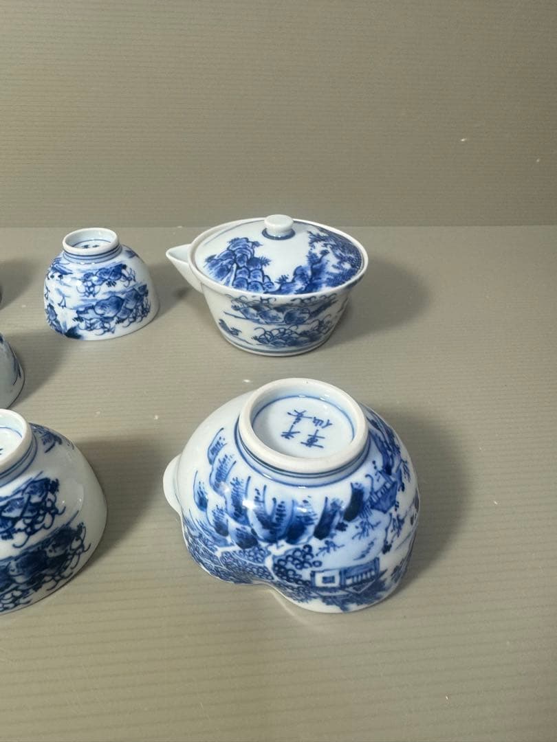2334 平安草仙　染付青花　茶器セット　宝瓶1客　湯冷し1客　湯呑5客　鉢付き