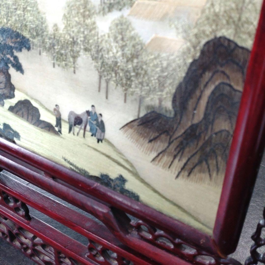 【希少　古代中国】刺繍　両面ガラス細工　唐木　古玩　骨董品　装飾品　山村海画