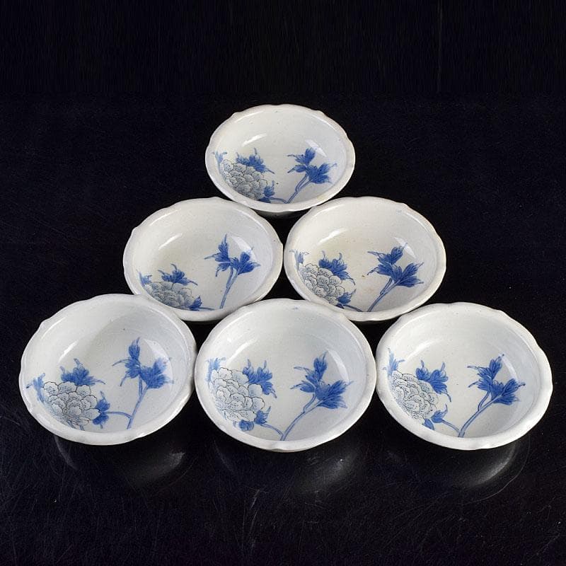 瀬戸焼　古瀬戸　染付　花蝶文　饂飩皿　六客　時代箱付　C　R9353B