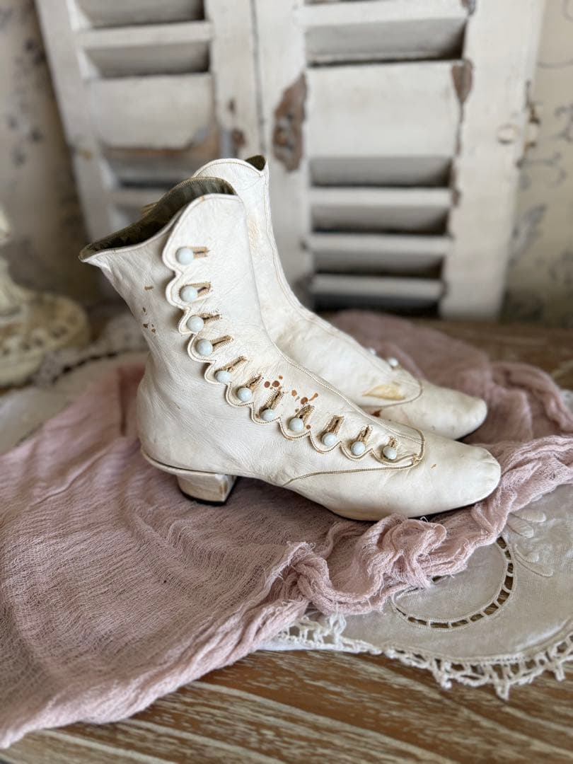 フランスアンティーク希少！ヴィクトリアンウェディングレザーボタンブーツ白
