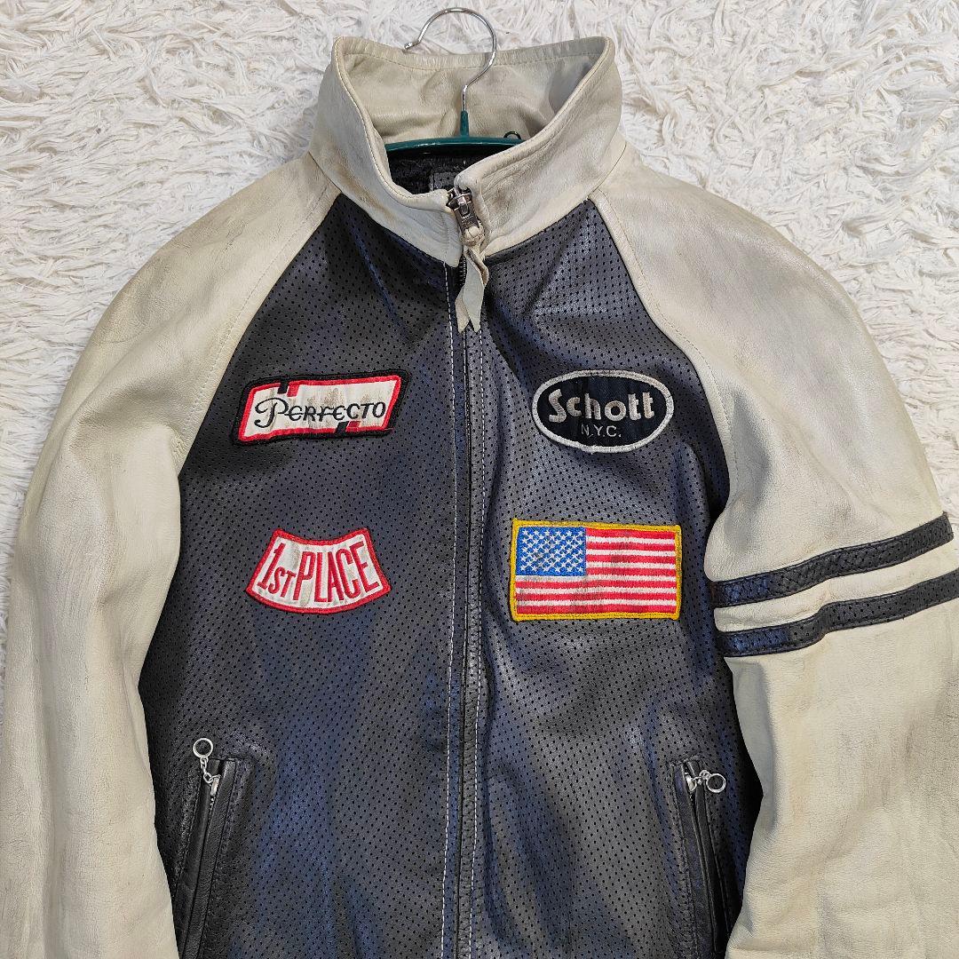 良品　Schott メッシュシングルライダースジャケット バイカラー M