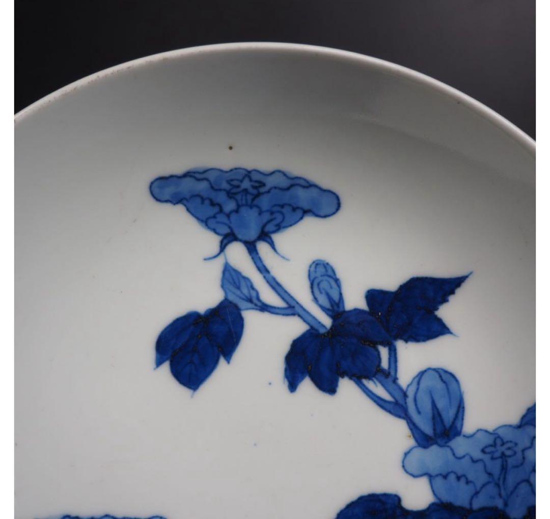 送料無料　江戸時代　鍋島焼　染付牡丹文皿　櫛高台 径20cm