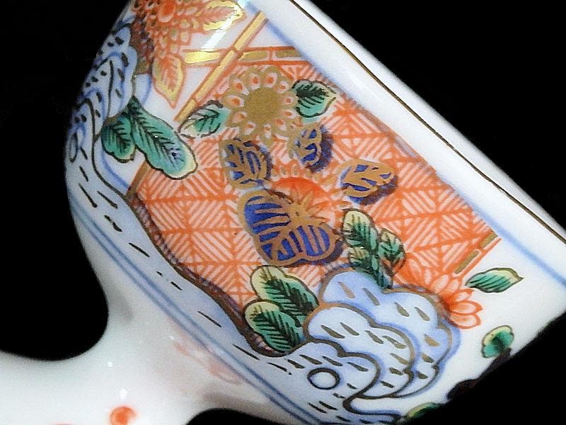 古伊万里　金襴手　花鳥紋に丁子の図　馬上盃　猪口　食前酒D060AS- CBm
