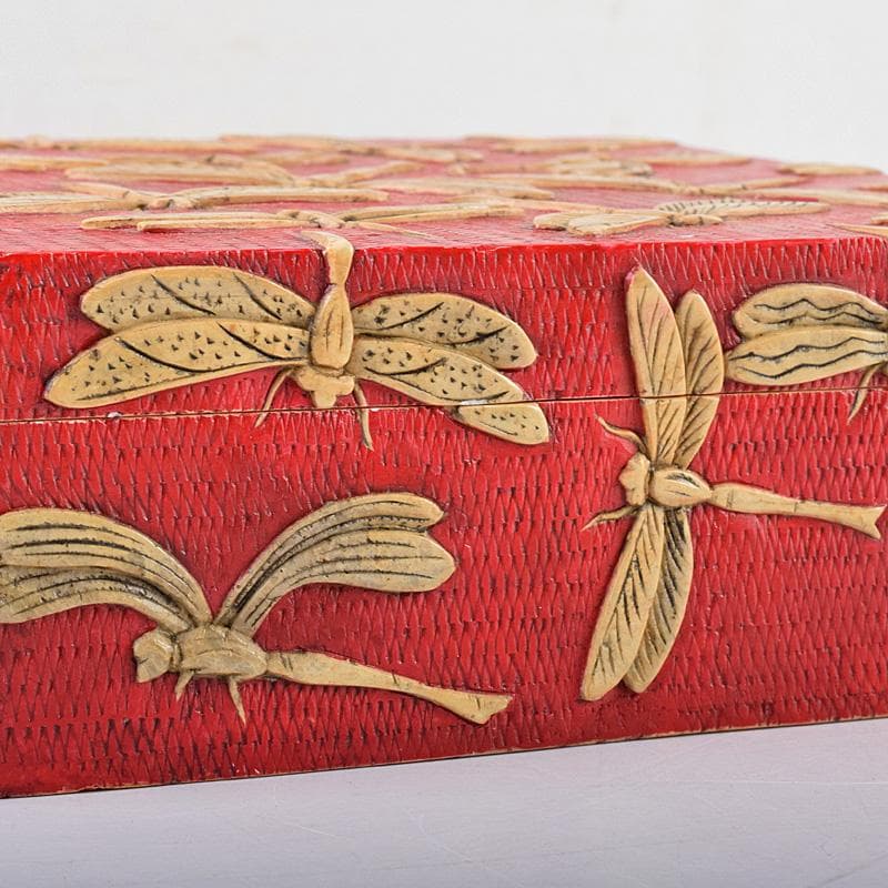 中国　彩色玉石彫刻　蜻蛉彫　四方箱　D　R8492