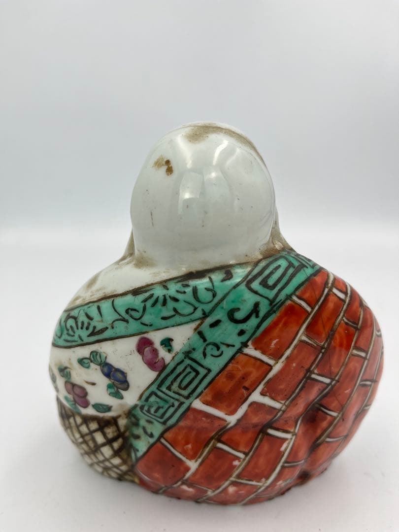 中国美術清時代仏像 置物 弥勒 粉彩 赤絵中皿ニュウあり