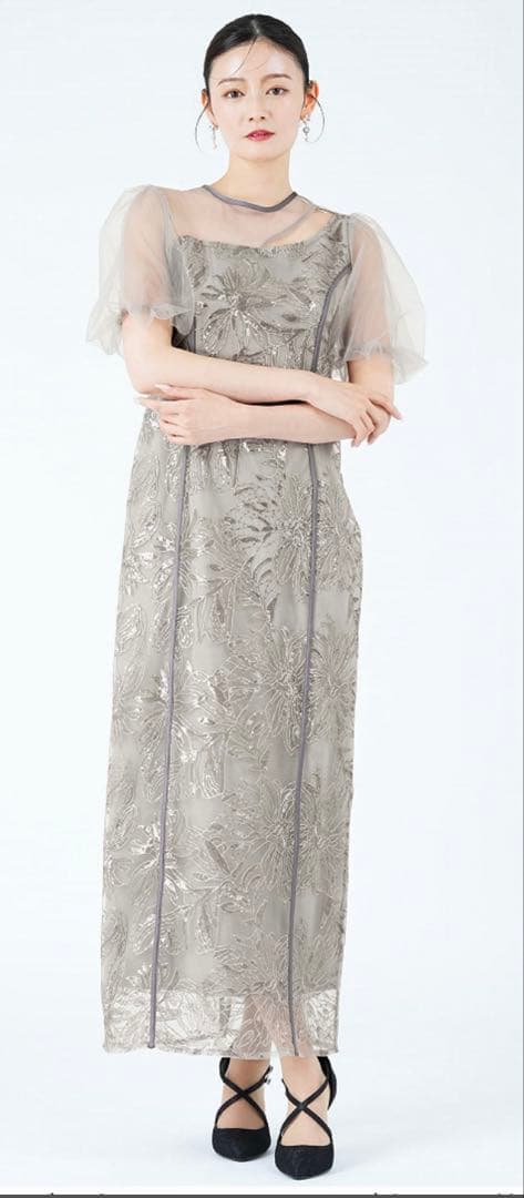 グレー シースルー袖 ロングドレス