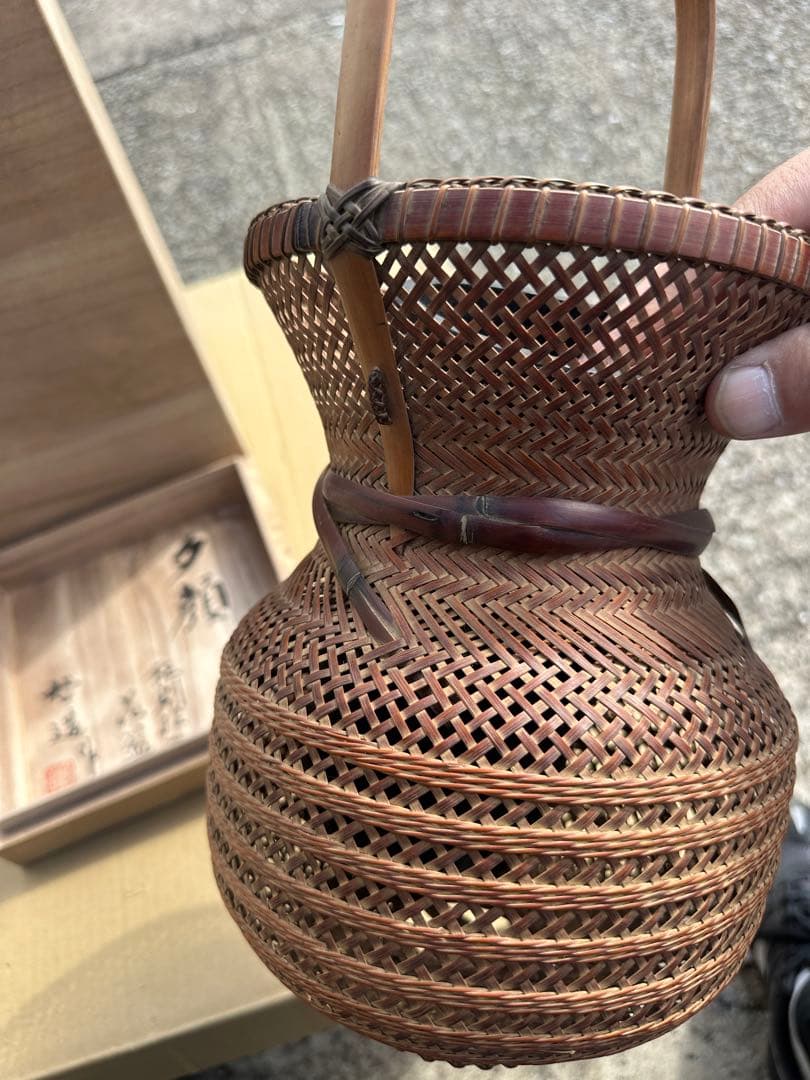 金*読様 八木澤啓造 夕顔」/柾割投入花籠/竹編手付花籠/共箱 落とし 共布