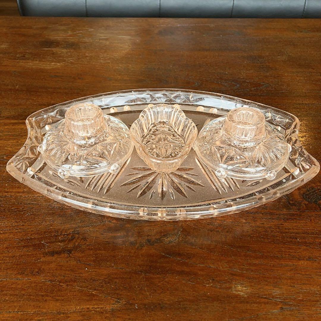 アンティーク ピンクガラスのプレート キャンドルスティック 小物入れ 4点揃え