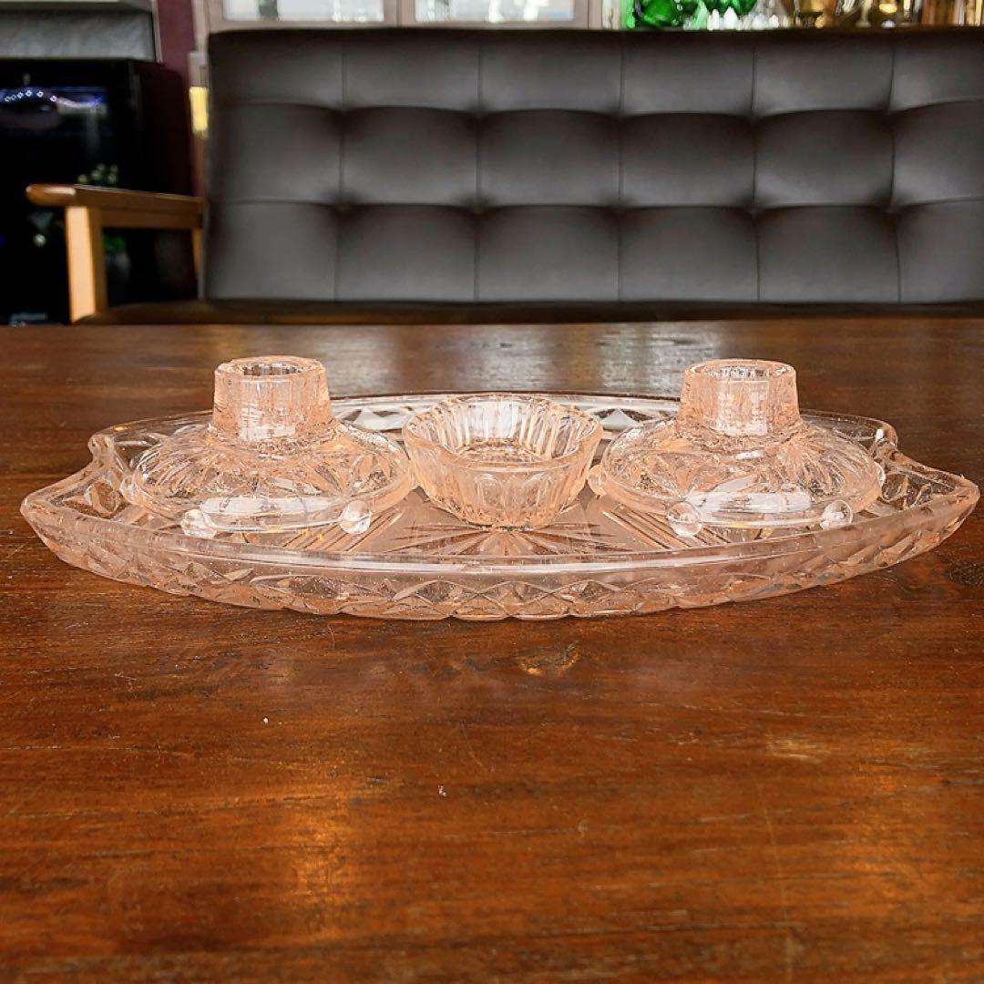 アンティーク ピンクガラスのプレート キャンドルスティック 小物入れ 4点揃え